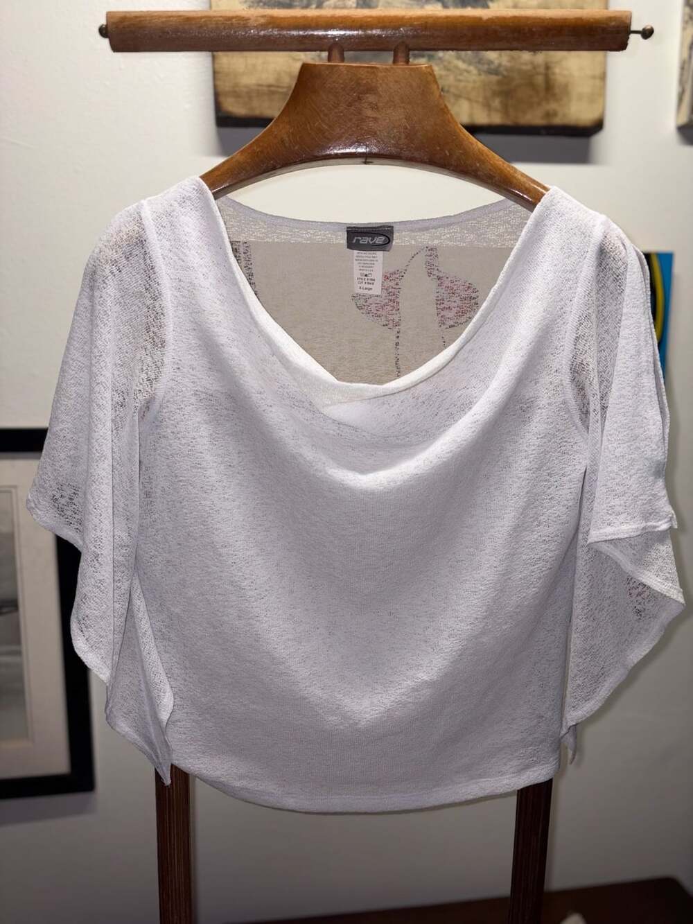 Y2K Rave Cowl Neck Top White Sheer Knit Made in USA XL